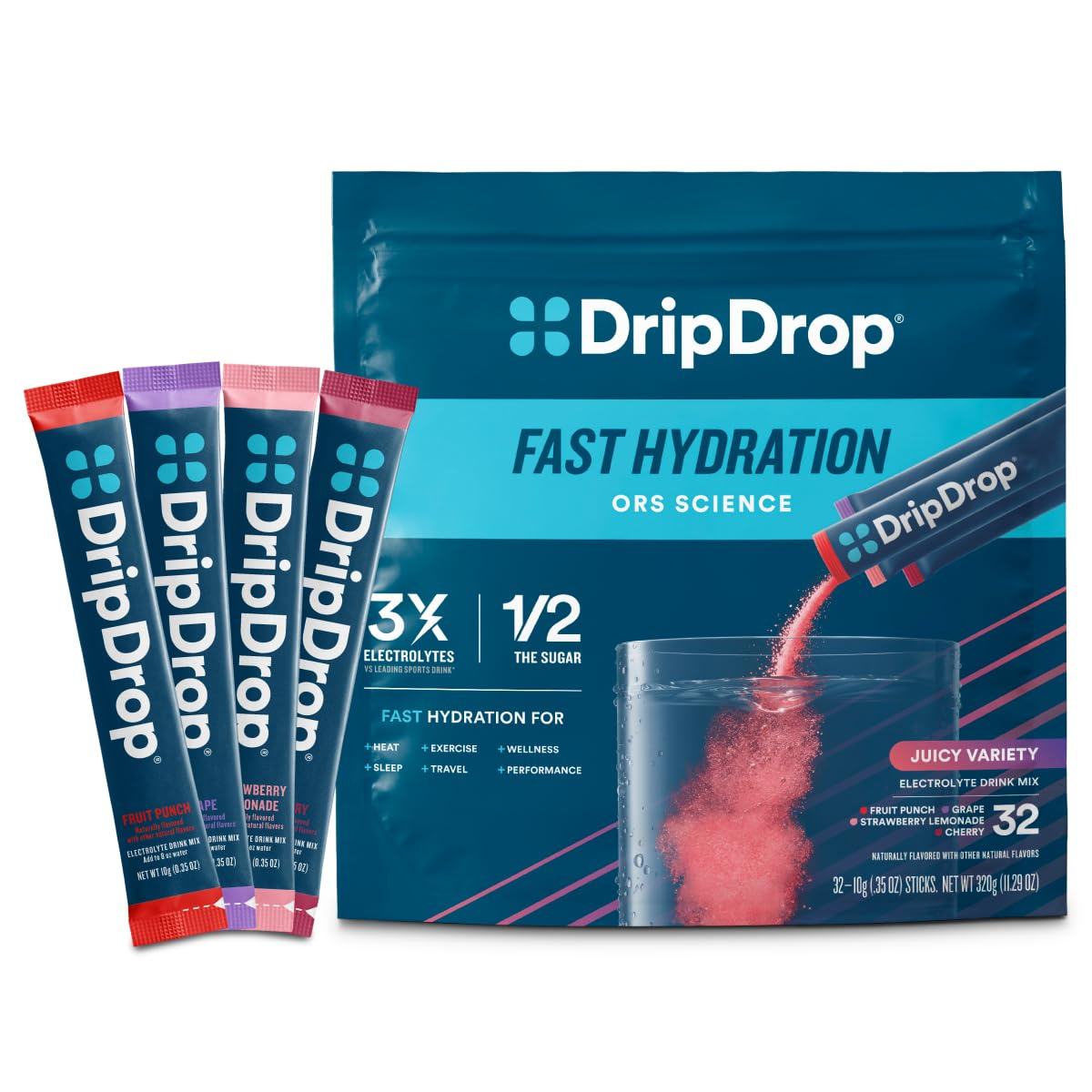 DripDrop Hydration Packets - Juicy Variety Pack - Single Serve Electrolytes Powder Drink Mix - Grape, Fruit Punch, Strawberry Lemonade, Cherry