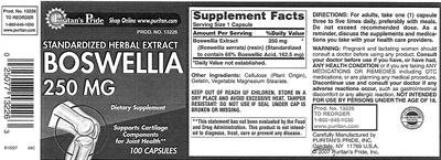 Standardized Herbal Extract Boswellia 250 mg label