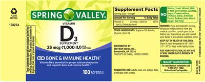 Vitamin D3 Supplement 25 mcg (1,000 IU) label