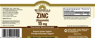 Zinc (Gluconate) 15 mg label