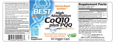High Absorption CoQ10 plus PQQ with PureQQ and BioPerine label