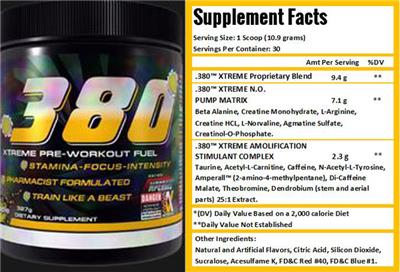 .380 Xtreme Pre-Workout Fuel label