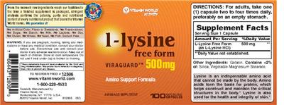 L-Lysine Viraguard 500 mg label