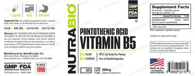 Pantothenic Acid Vitamin B5 500 mg label