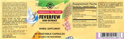Feverfew Leaf Extract label