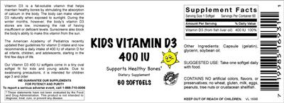 Kids Vitamin D3 400 IU label