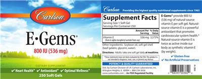 E-Gems 800 IU (536 mg) label