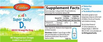 Kid's Super Daily D3 400 IU (10 mcg) label