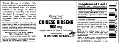 Chinese Ginseng 500 mg label