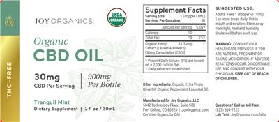 Organic CBD Oil 30 mg Tranquil Mint label