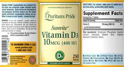 Sunvite Vitamin D3 10 mcg (400 IU) label