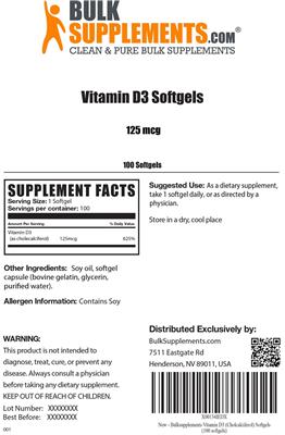 Vitamin D3 Softgels 125 mcg label