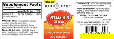 Vitamin D 25 mcg label