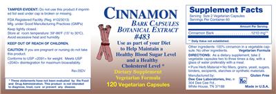 Cinnamon Bark Capsules Botanical Extract label