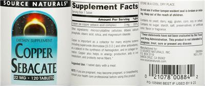 Copper Sebacate 22 mg label