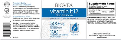 Vitamin B12 500 mcg Fast Dissolve Fruit Flavor label