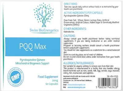 PQQ Max 20 mg label