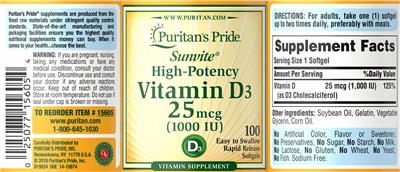 Sunvite High-Potency Vitamin D3 25 mcg (1000 IU) label