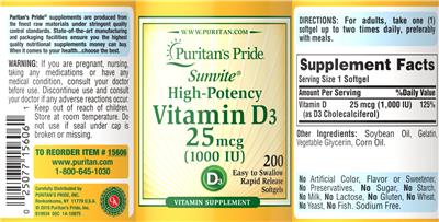 Sunvite High-Potency Vitamin D3 25 mcg (1000 IU) label