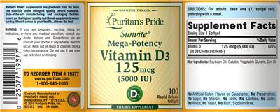 Sunvite Mega-Potency Vitamin D3 125 mcg (5000 IU) label