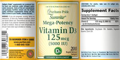 Sunvite Mega-Potency Vitamin D3 125 mcg (5000 IU) label