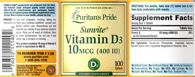 Sunvite Vitamin D3 10 mcg (400 IU) label