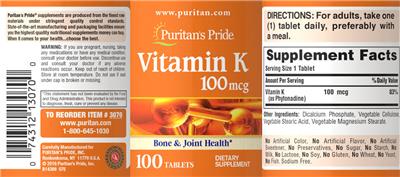 Vitamin K 100 mcg label