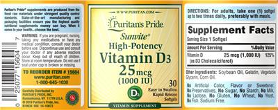Sunvite High-Potency Vitamin D3 25 mcg 1000 IU label