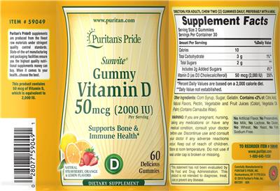 Sunvite Gummy Vitamin D 50 mcg (2000 IU) label