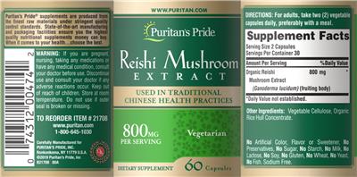 Reishi Mushroom Extract 800 mg label