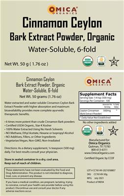 Cinnamon Ceylon Bark Extract Powder, Organic label