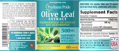 Olive Leaf Extract 500 mg label