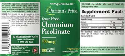 Chromium Picolinate 500 mcg Yeast Free label