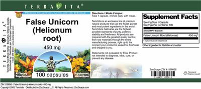 False Unicorn (Helionum Root) 450 mg label