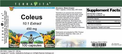 Coleus 450 mg 10:1 Extract label