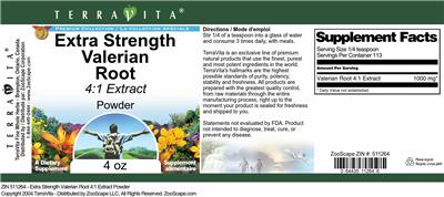Extra Strength Valerian Root 4:1 Extract Powder label
