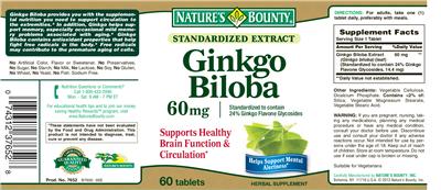 Standarized Extract Ginkgo Biloba 60 mg label