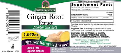 Ginger Root Extract 1,040 mg label