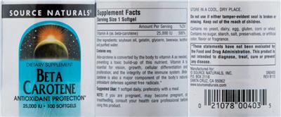 Beta Carotene 25,000 IU label
