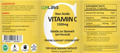 Non Acidic Vitamin C 1500 mg label