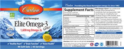 Elite Omega-3 Gems 1,600 mg Natural Lemon Flavor label