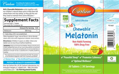 Kid's Chewable Melatonin Natural Strawberry Lemon Flavor label