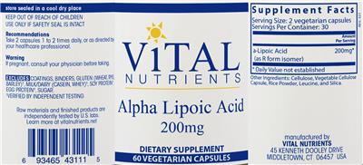 Alpha Lipoic Acid 200 mg label