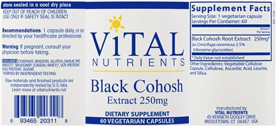 Black Cohosh Extract 250 mg label