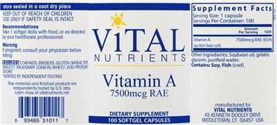 Vitamin A 7500 mcg RAE label