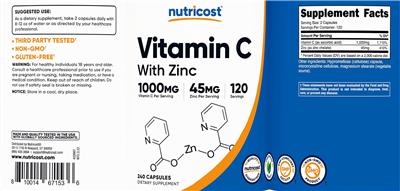 Vitamin C 1000 mg with Zinc 45 mg label