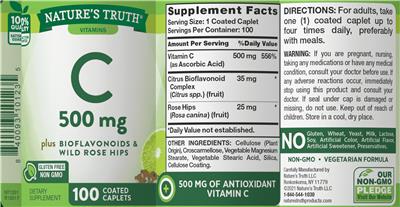 C 500 mg plus Bioflavonoids & Wild Rose Hips label
