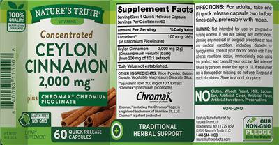 Ceylon Cinnamon 2,000 mg plus Chromax Chromium Picolinate label