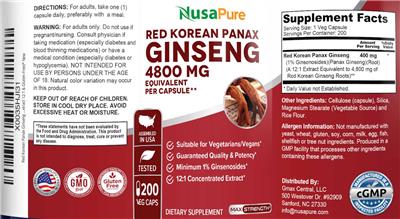 Red Korean Panax Ginseng 4800 mg label