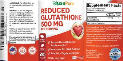 Reduced Glutathione 500 mg label
